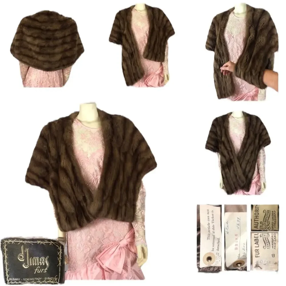 1950s D’Jimas Mink Fur Stole Muff Brown Real Fur Art Deco Evening Wrap